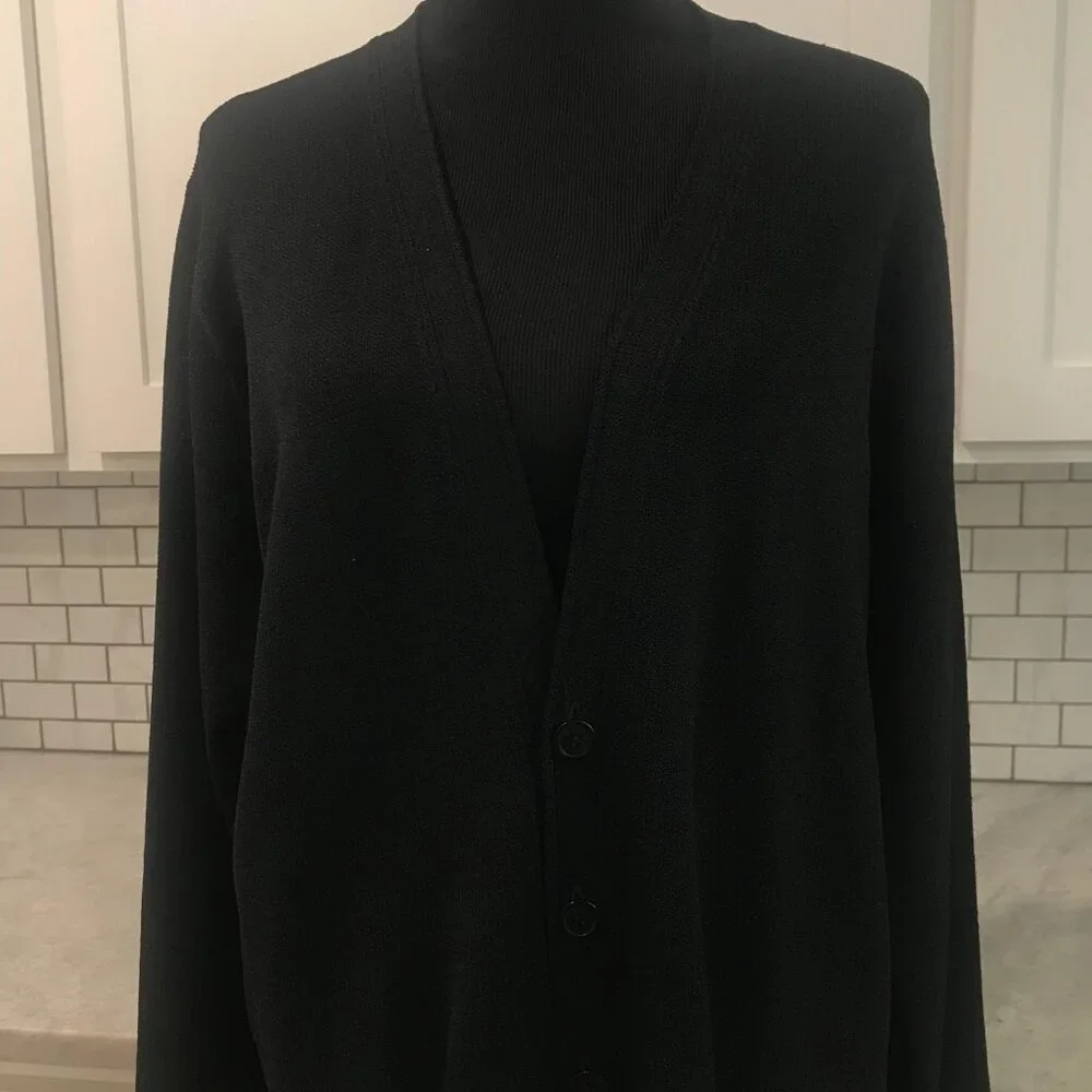 St. John Cardigan Sweater Womens XL Black Button Front V Neck Knit Pockets Long